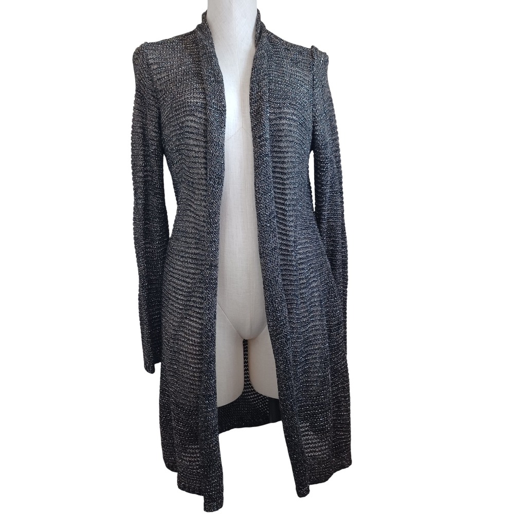 Eileen Fisher Metallic Silver Black Open Knit Duster Cardigan Sweater Large L